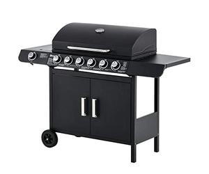 Outsunny Barbecue a Gas con Coperchio, 7 Bruciatori Totali da 20kW e Fornello Laterale, Termometro, Mensola e 2 Ruote, 135x50x100cm Nero