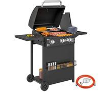 Outsunny Barbecue a Gas in Acciaio 3+1 con Coperchio Termometro Nero