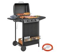 Outsunny Barbecue a Gas in Acciaio 4 Bruciatori 9.5kW con Coperchio Nero | BBQ a Gas, Termometro, Ruote, Tavolino Laterale, Scaffale, Portaspezie, Vaschetta Raccogli Grasso, Regolatore