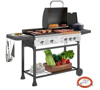 Outsunny Barbecue a Gas in Acciaio, BBQ a Gas a 4+1 Bruciatori da 12kW con Coperchio, Termometro, Ruote, Ripiani Laterali e Inferiori, Regolatore e Tubo, Nero e Argento