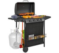 Outsunny Barbecue a gas portatile con 4 + 1 bruciatori, con termometro integrato, coperchio, tavolino, mensola, portaspezie, ruote, tazza per grasso per feste in giardino, cucina all'aperto, nero