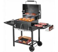 Outsunny Barbecue Carbonella con Griglia, Sfiati Vasca Carbone Regolabile, Carrello BBQ Barbecue Portatile con Coperchio, Ripiani Pieghevoli, Termometro, Cestino, Ganci, Ruote, per Campeggio, Nero