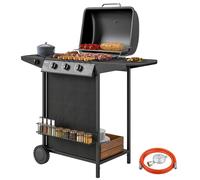 Outsunny Barbecue a Gas in Acciaio, BBQ a Gas a 4 Bruciatori da 9.5kW con Coperchio, Termometro, Ruote, Tavolino Laterale, Scaffale, Portaspezie e Vaschetta Raccogli Grasso, Regolatore, Nero