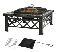 Outsunny Braciere Multiuso da Giardino con Coperchio Parascintille, attizzatoio e Griglia per Barbecue in Metallo, 76x76x47cm, Nero Aosom Italy