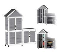 Outsunny Capanno Porta Attrezzi da Giardino 0.32m² in Legno di Abete, Casetta Attrezzi Giardino con Armadietto, Ripiani Regolabili, Base Rialzata e Tetto Apribile Impermeabile, Grigio Chiaro