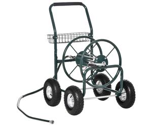 Outsunny Carrello avvolgitubo d'irrigazione in metallo con impugnatura antiscivolo e Cestino Portaoggetti, Verde