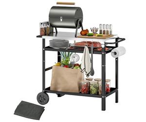 Outsunny Carrello Barbecue con Piano in Acciaio Inox e Ripiano Regolabile, Isola Cucina da Esterno per Forno Pizza con Ruote, 6 Ganci, Porta Canovacci e Copertura di Protezione, 100x52x80 cm, Nero