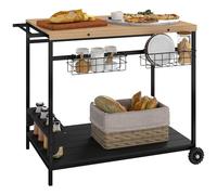 Outsunny Carrello da Giardino a 2 Ripiani, 2 Cesti e 4 Spazi Portabottiglie, Carrello Portaoggetti in Legno di Abete con Maniglia, 97.5x65x81 cm, color Legno e Nero