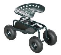 Outsunny Carrello da Giardino con Sedile Regolabile in Altezza e Vassoio Inferiore Porta Attrezzi, Sgabello da Giardinaggio con Ruote Grandi, per Esterno, Patio e Giardino, Verde Scuro