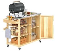 Outsunny Carrello per barbecue in legno, carrello di servizio con 4 ruote ripiani armadio piano in acciaio inox portasciugamani e portaspezie per giardino patio 134,5 x 50 x 91,5 cm naturale