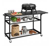 Outsunny Carrello per barbecue su ruote da cucina con vassoio laterale pieghevole, tre ripiani, ganci e punteggiato, 133 x 48,5 x 82 cm, nero