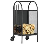 Outsunny Carrello per legna con ruote 37.5x37.5x80 cm Nero | Rastrelliera per legna, porta legna, pala scopa attizzatoio, focolare, interno ed esterno