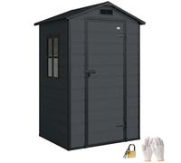 Outsunny Casetta da Giardino 1.09m² in PP e Alluminio con Pavimento, Capanno da Giardino con Porta Bloccabile, Prese d'Aria, Finestra, Tetto Inclinato, Guanti, Capanno Porta Attrezzi, Grigio Scuro