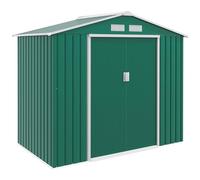 Outsunny Casetta da Giardino 2.5m² in Acciaio Zincato con Basamento e Prese d'Aria, Capanno Porta Attrezzi con Tetto Inclinato, Doppie Porte Scorrevoli Bloccabili, 213x130x185 cm, Verde Scuro