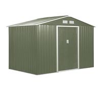 Outsunny Casetta da Giardino 4.9 m² con Fondazione, 4 Prese d'Aria e 2 Porte Scorrevoli, Capanno Porta Attrezzi in Lamiera d'Acciaio, 277x195x192 cm, Verde