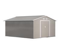 Outsunny Casetta da Giardino 12.4m² con Fondazione, 4 Prese d'Aria e 2 Porte Scorrevoli, Capanno Porta Attrezzi in Lamiera d'Acciaio, 340x386x200 cm, Grigio Chiaro