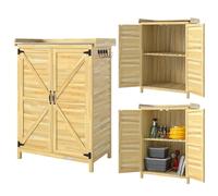 Outsunny Casetta da Giardino in Legno di Abete con Ripiani e Ganci Laterali, Armadio da Giardino con Doppia Porta e Piano di Lavoro in Acciao Zincato per Terrazza Patio, 71.5x39x95cm, Naturale