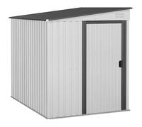 Outsunny Casetta da Giardino Porta Attrezzi 1.5x2m in Acciaio con Tetto Inclinato e Porta Scorrevole, Capanno da Giardino con Ripiani, Base, Ganci e Prese d'Aria, Bianco
