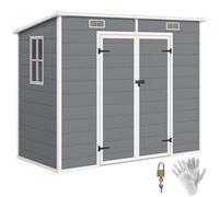 Outsunny Casetta da Giardino Porta Attrezzi in Finitura Effetto Legno Graffiato con Pavimento, 2.54m² Capanno da Giardino con Doppia Porte e Serratura, Tetto Inclinato, 238x125x183cm, Grigio