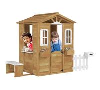 Outsunny Casetta per Bambini in Legno, Giochi da Giardino per Bambini con Finestre, Staccionata, Portavasi e Panca, 205x119x140 cm, Legno Naturale e Bianco