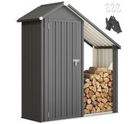 Outsunny Portalegna da Esterno con Tetto Spiovente 0.77 m² Grigio Scuro | 2 in 1 Legnaia da Esterno in Acciaio Zincato con Armadietto Porta Attrezzi, Capanno Casetta Porta Legna, 150x66x162 cm