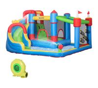 Outsunny Castello Gonfiabile per Bambini 5 in 1 con Scivolo, Trampolino, Piscina e Pistola ad Acqua, Gonfiatore e Picchetti Inclusi, Età 3-8 Anni