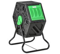 Outsunny Compostiera 65L Giardino 360° Base Acciaio Verde e Nero | Compostiera a caduta, Compostiera rotante, Porta singola, 24 aperture di ventilazione