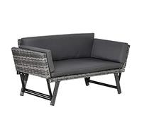 Outsunny Divano da Giardino in Rattan e Acciaio, Divano 2 Posti per Esterno con Imbottitura e Braccioli Ribaltabili, 129x63x67cm, Grigio