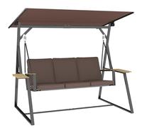 Outsunny Dondolo da Giardino 3 Posti con Tettuccio Regolabile, Dondolo da Esterno in Metallo con 2 Vassoi, Cuscini Imbottiti, Portata 360kg, per Terrazzo Balcone, UV50+, 222x131x175 cm, Marrone