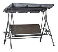 Outsunny Dondolo da Giardino 3 Posti in Rattan PE con Tettuccio Parasole Regolabile e Portabicchieri, Dondolo da Esterno con Telaio in Acciaio, Portata 320 kg, 204x112x150 cm, Grigio Scuro