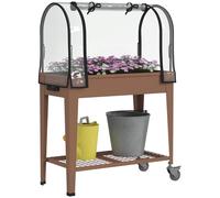 Outsunny Fioriera Rialzata con Mini Serra, Ruote e Ripiano 80x40x120cm, Marrone