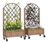 Outsunny Fioriera rialzata da giardino con traliccio in metallo, confezione da 2 fioriere rialzate in legno con ruote e fori di drenaggio, fioriera rialzata per piante rampicanti, frutta, verdura,