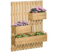 Outsunny Fioriera Verticale a Doghe con 3 Vasi Rimovibili e Fori di Drenaggio, Orto Rialzato da Esterno in Legno di Abete, Montaggio a Parete, per Piante, Fiori e Verdure, 60x16x80 cm, Color Legno