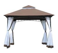 Outsunny Gazebo da Giardino 3x3m con Zanzariera, Tetto a 2 Livelli e Struttura in Metallo, Marrone Aosom