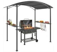 Outsunny Gazebo per Barbecue 2.5x1.5 m, Pergola per Barbecue con 2 Mensole Laterali e Ganci, Struttura in Acciaio e Tetto in Poliestere per Giardino, Grigio Scuro