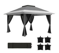 Outsunny Gazebo Pieghevole 3.6x3.6 m Altezza Regolabile con Pareti a Rete e Protezione UV, Gazebo da Esterno Pop Up a Doppio Tetto Resistente con Sacchi di Sabbia e Borsa con Ruote, Grigio