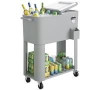 Outsunny Ghiacciaia da Giardino da 76L, Carrello Portavivande da Giardino con Ripiano, Apribottiglie, Ruote Bloccabili, Raccoglitore Tappi, Portatile per Bevande Bar Giardino Cortile Feste, Argento