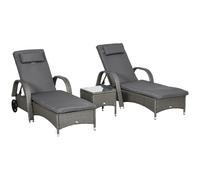 Outsunny Lettino Prendisole Tavolino da Giardino Set da Giardino 3 Pezzi, Rattan Sintetico+Metallo Grigio+Grigio Scuro