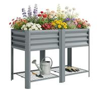 Outsunny Letto per Orto Rialzato 150L a 2 Livelli con Ripiano Portaoggetti, Fioriera Rialzata da Esterno in Acciaio Zincato con Guanti, per Fiori Verdure, 120x55x80 cm, Argento Grigio