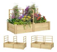 Outsunny Letto per Orto Rialzato da Esterno con 3 Grigliato, Fondo Aperto e 2 Divisorio, Fioriera con Traliccio per Piante Rampicanti in Legno di Abete, per Balcone, 119x62.5x64 cm, Color Legno