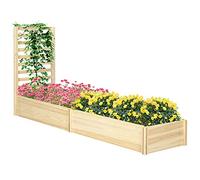 Outsunny Letto per Orto Rialzato da Esterno in Legno di Abete con 2 Fondo Aperto e Spalliera, Fioriera con Traliccio per Piante Rampicanti, per Fiori, Piante, 230x60x110 cm, Color Legno