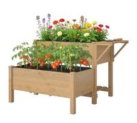 Outsunny Letto per Orto Rialzato a 2 Livelli con Ripiani Laterale e Inferiore, Fioriera Rialzata da Esterno in Abete con Fodera e Fori di Drenaggio, per Fiori Verdure, 119.5x102x76.5cm, Marrone Chiaro