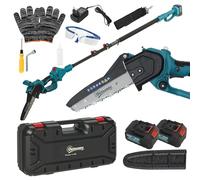 Outsunny Mini Motosega a Batterie con Motore Brushless 2 in 1 con Palo Telescopico, Motosega Senza Fili, 2 Batterie, Blocco di Sicurezza, Guanti e Occhiali Protettivi Inclusi, Blu