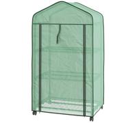 Outsunny Mini Serra da Giardino con Copertura in PE e 3 Ripiani, Serra da Balcone con Ruote e Porta Avvolgibile, 69x49x130cm, Verde