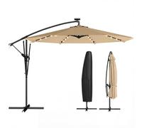 Outsunny Ombrellone da Giardino Decentrato 3x3m con LED Solari, Base a Croce, Manovella, Ombrellone da Esterno in Alluminio e Poliestere con Copertura Protettiva, per Piscina Cortile Terrazza, Cachi