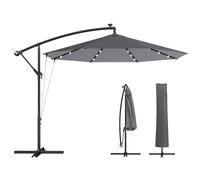 Outsunny Ombrellone da Giardino Decentrato 3x3m con Luci LED Solari, Copertura Protettiva, Ombrellone da Esterno con Corde Antivento, Base a Croce, Manovella, per Piscina Cortile Terrazza, Grigio
