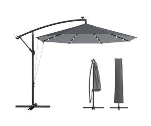 Outsunny Ombrellone da Giardino Decentrato 3x3m con Luci LED Solari, Copertura Protettiva, Ombrellone da Esterno con Corde Antivento, Base a Croce, Manovella, per Piscina Cortile Terrazza, Grigio