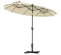 Outsunny Ombrellone da Giardino Doppio Inclinabile 295x150cm con Manovella, Luci LED, Base a Croce e Prese d'Aria, 12 Stecche in Acciaio e Poliestere, per Giardino Terrazza Balcone, Crema