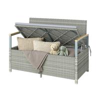 Outsunny Cassapanca Contenitore da Esterno in Rattan PE 170L, Panca Contenitore da Esterno 2 Posti con Braccioli in Legno di Acacia, Cuscino Lavabile, Fodera con Cerniera, Pistone a Gas, Grigio Chiaro