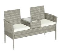 Outsunny Panchina da Esterno 2 Posti con Tavolino da Caffè Centrale, Divanetto da Giardino in Acciaio, Rattan PE e Poliestere, 137x59x82 cm, Grigio e Crema
